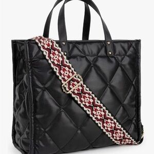 Black Quilted Tote Bag with Patterned Strap